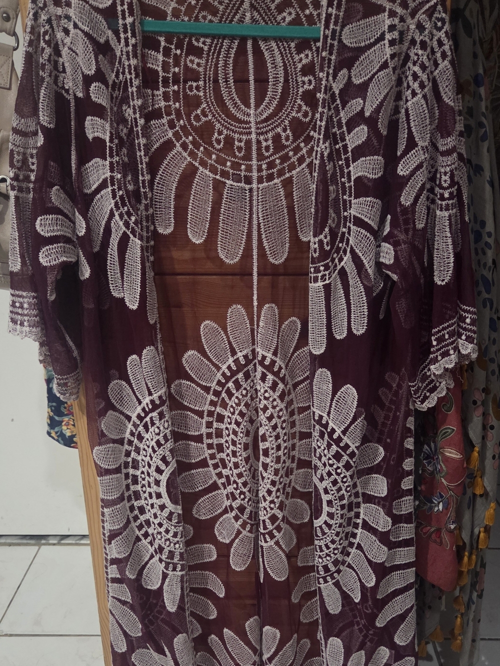 Women’s Lace Overlay Kimono, Swim Cover-Up, Shawl, Deep Wine With White Embroide